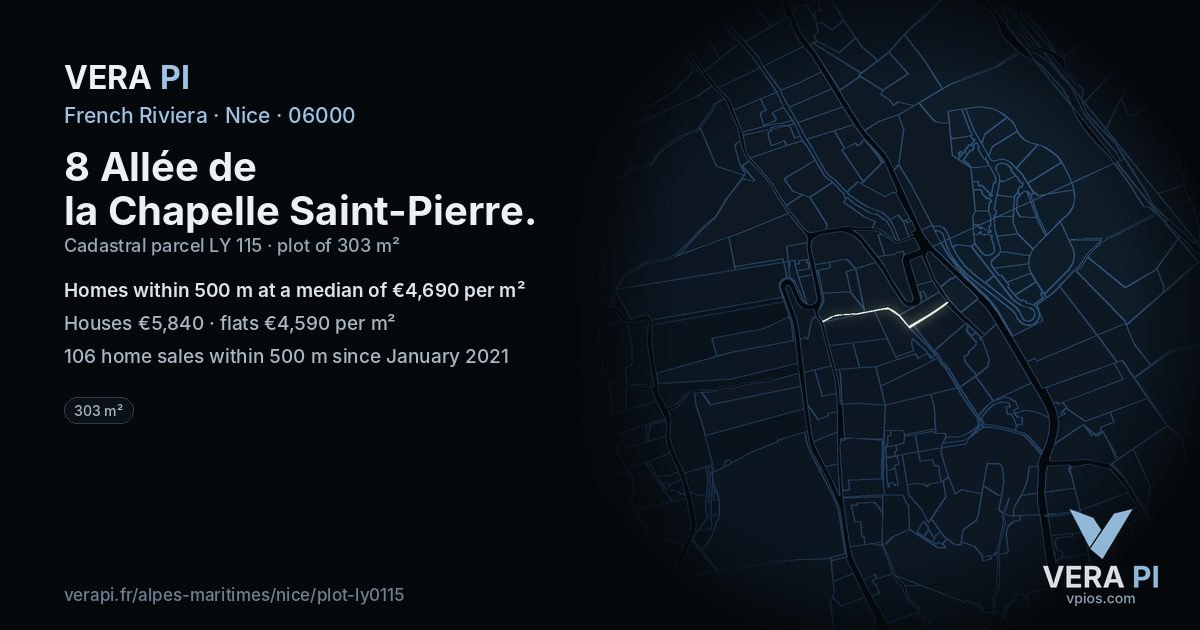 8 Allée de la Chapelle Saint-Pierre, Nice at night – the plot lit, the parcels around coloured by the prices near them