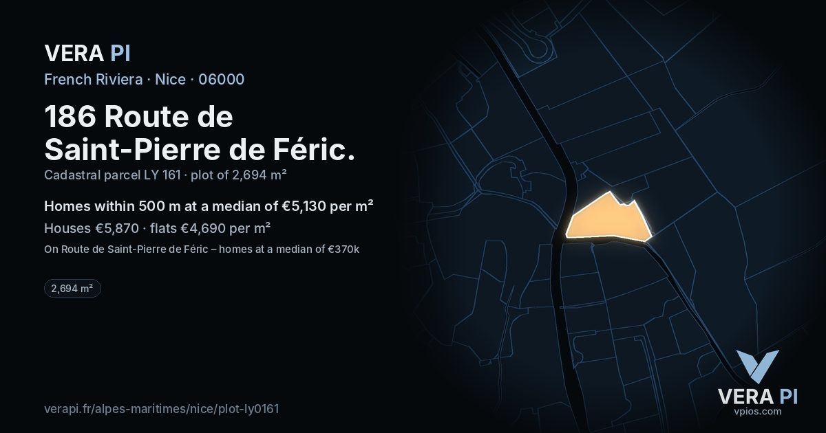 186 Route de Saint-Pierre de Féric, Nice at night – the plot lit, the parcels around coloured by the prices near them