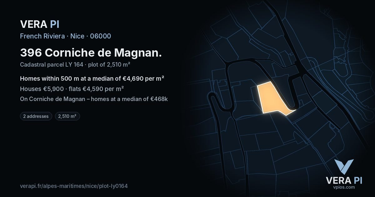 396 Corniche de Magnan, Nice at night – the plot lit, the parcels around coloured by the prices near them