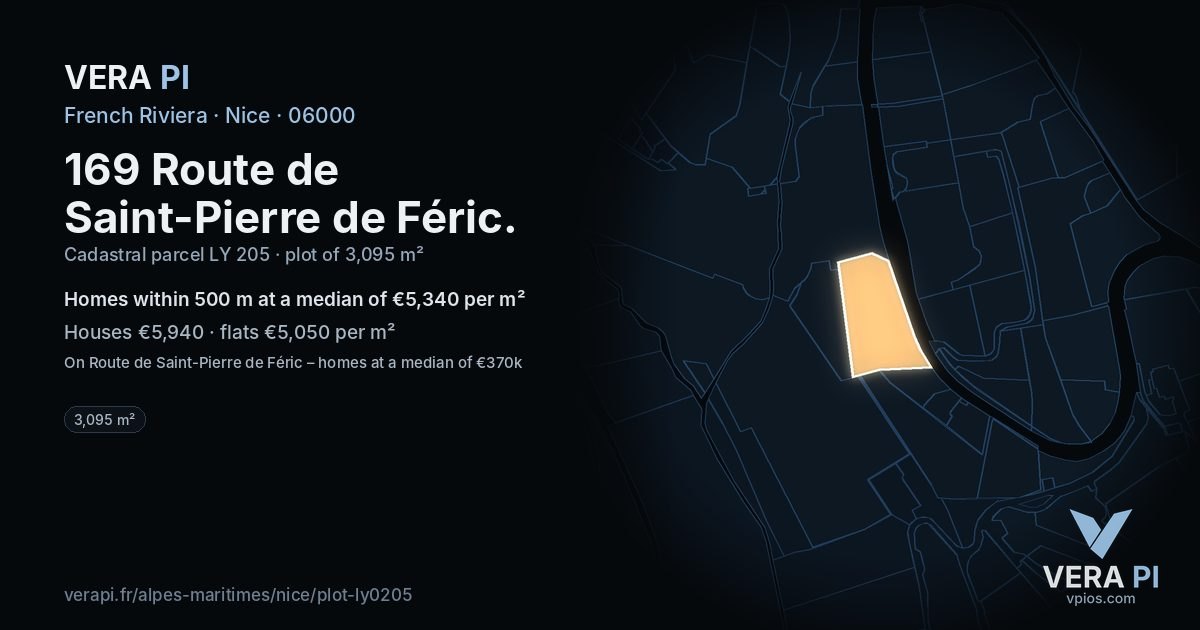 169 Route de Saint-Pierre de Féric, Nice at night – the plot lit, the parcels around coloured by the prices near them