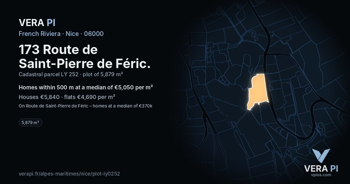 173 Route de Saint-Pierre de Féric, Nice at night – the plot lit, the parcels around coloured by the prices near them