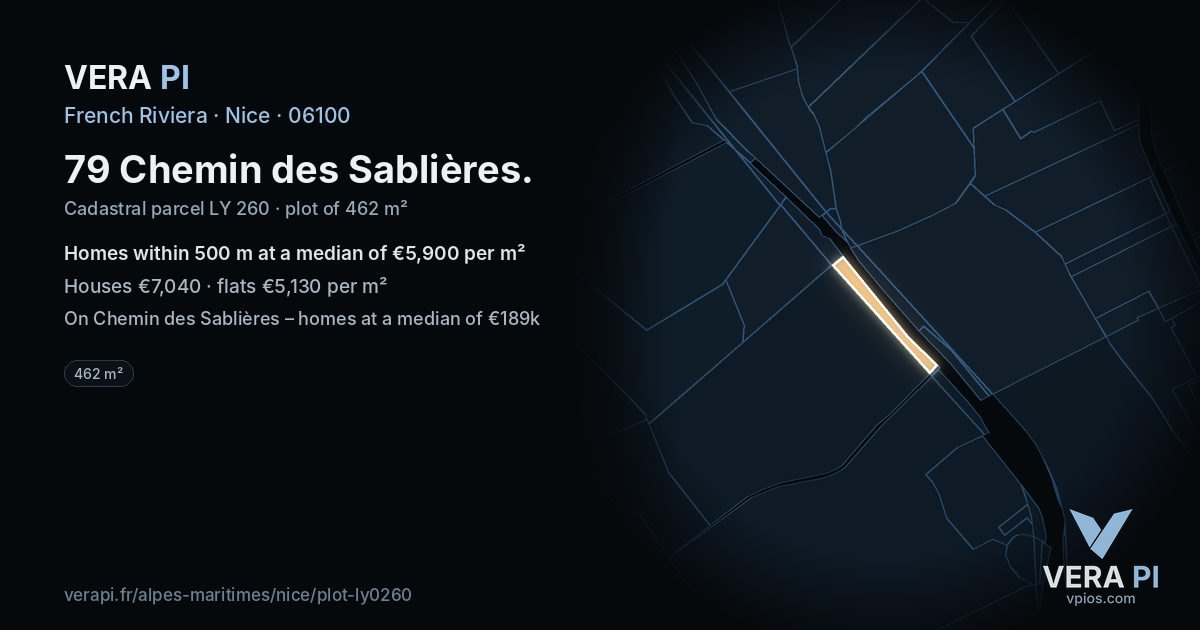 79 Chemin des Sablières, Nice at night – the plot lit, the parcels around coloured by the prices near them