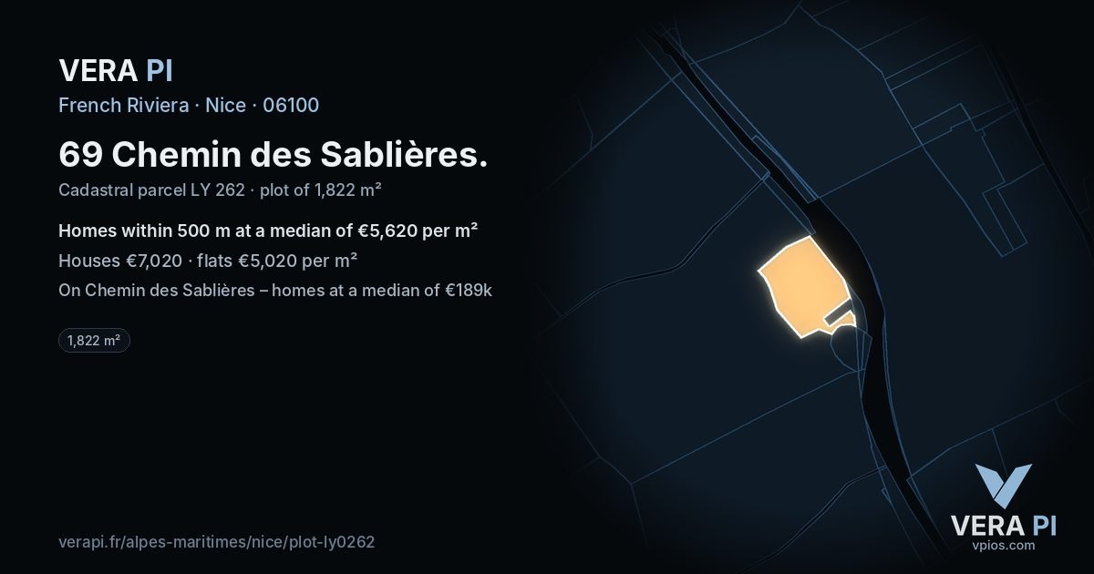 69 Chemin des Sablières, Nice at night – the plot lit, the parcels around coloured by the prices near them