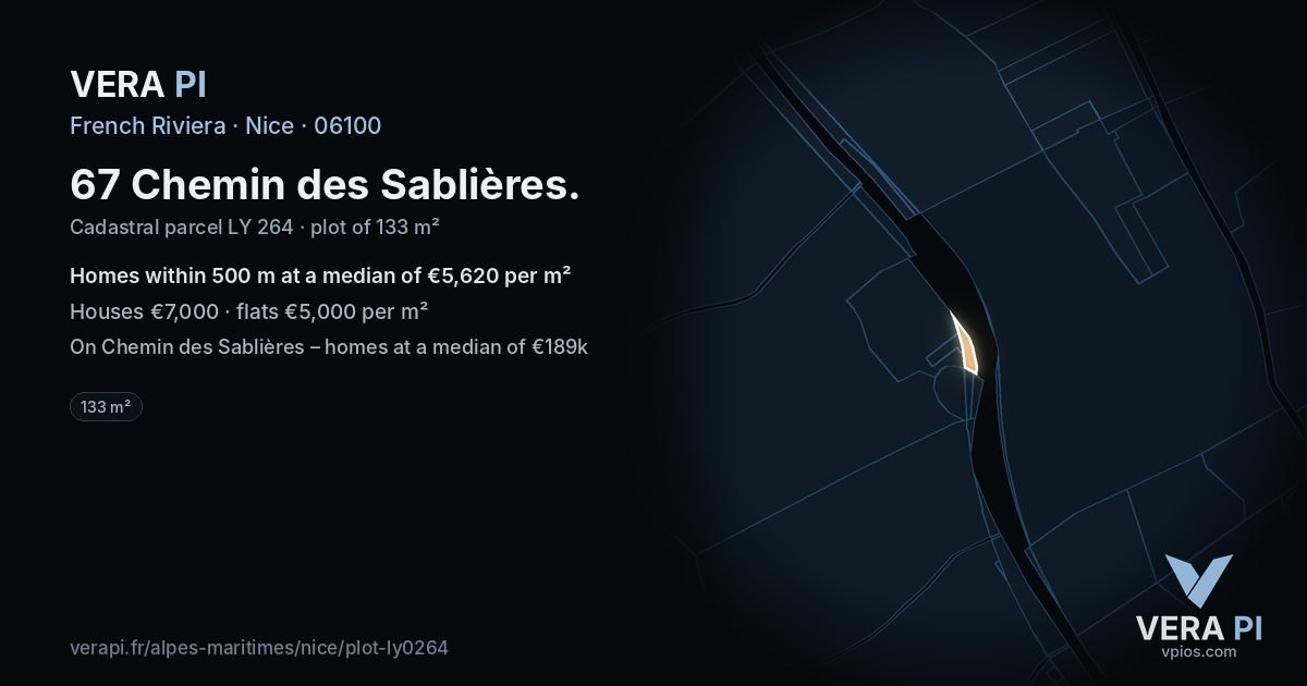 67 Chemin des Sablières, Nice at night – the plot lit, the parcels around coloured by the prices near them