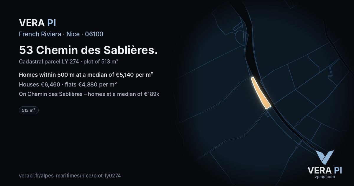 53 Chemin des Sablières, Nice at night – the plot lit, the parcels around coloured by the prices near them