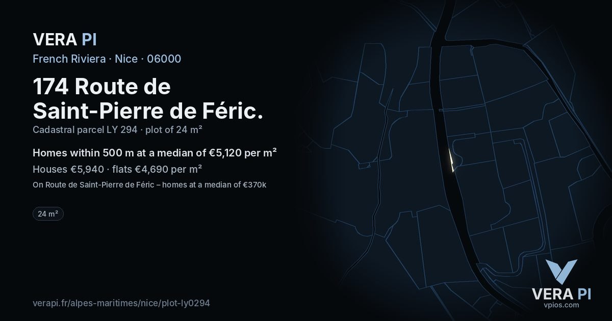 174 Route de Saint-Pierre de Féric, Nice at night – the plot lit, the parcels around coloured by the prices near them