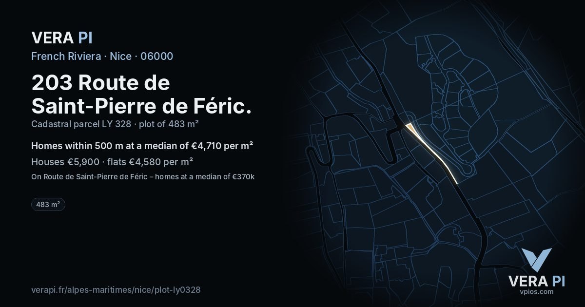 203 Route de Saint-Pierre de Féric, Nice at night – the plot lit, the parcels around coloured by the prices near them