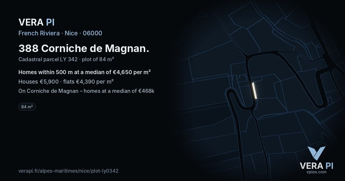 388 Corniche de Magnan, Nice at night – the plot lit, the parcels around coloured by the prices near them