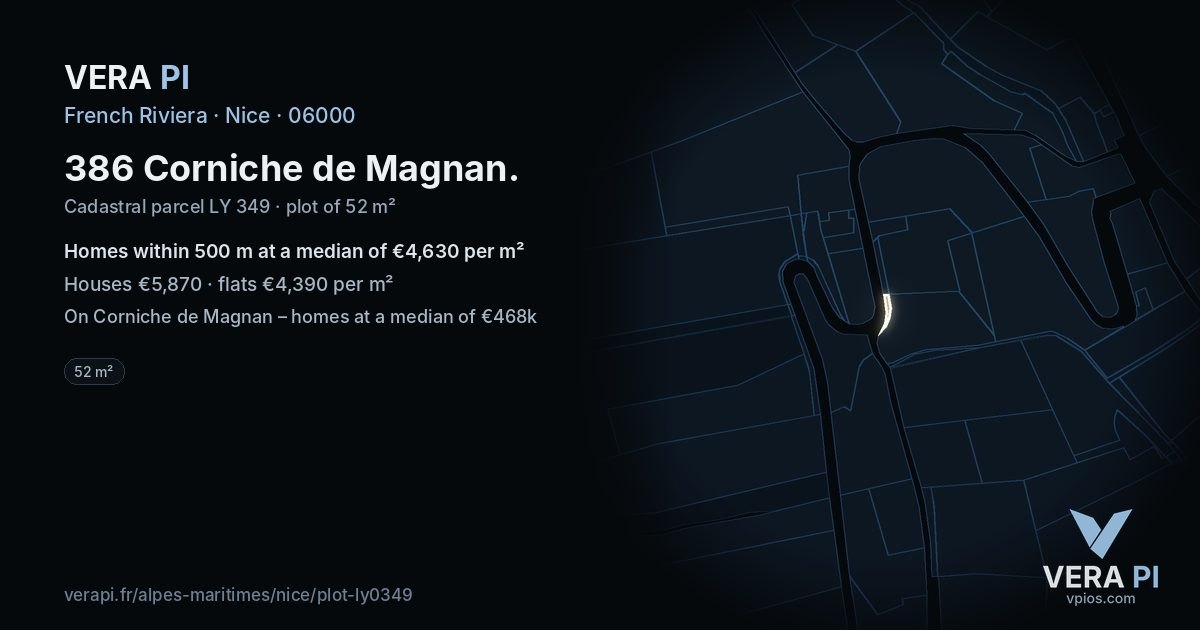 386 Corniche de Magnan, Nice at night – the plot lit, the parcels around coloured by the prices near them