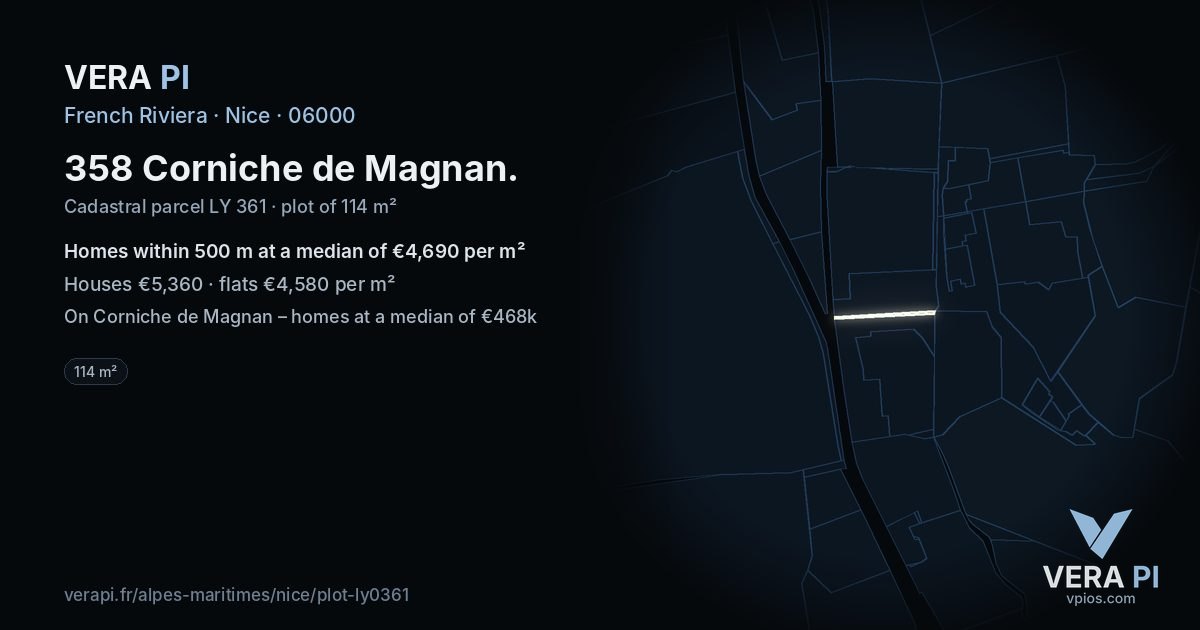358 Corniche de Magnan, Nice at night – the plot lit, the parcels around coloured by the prices near them
