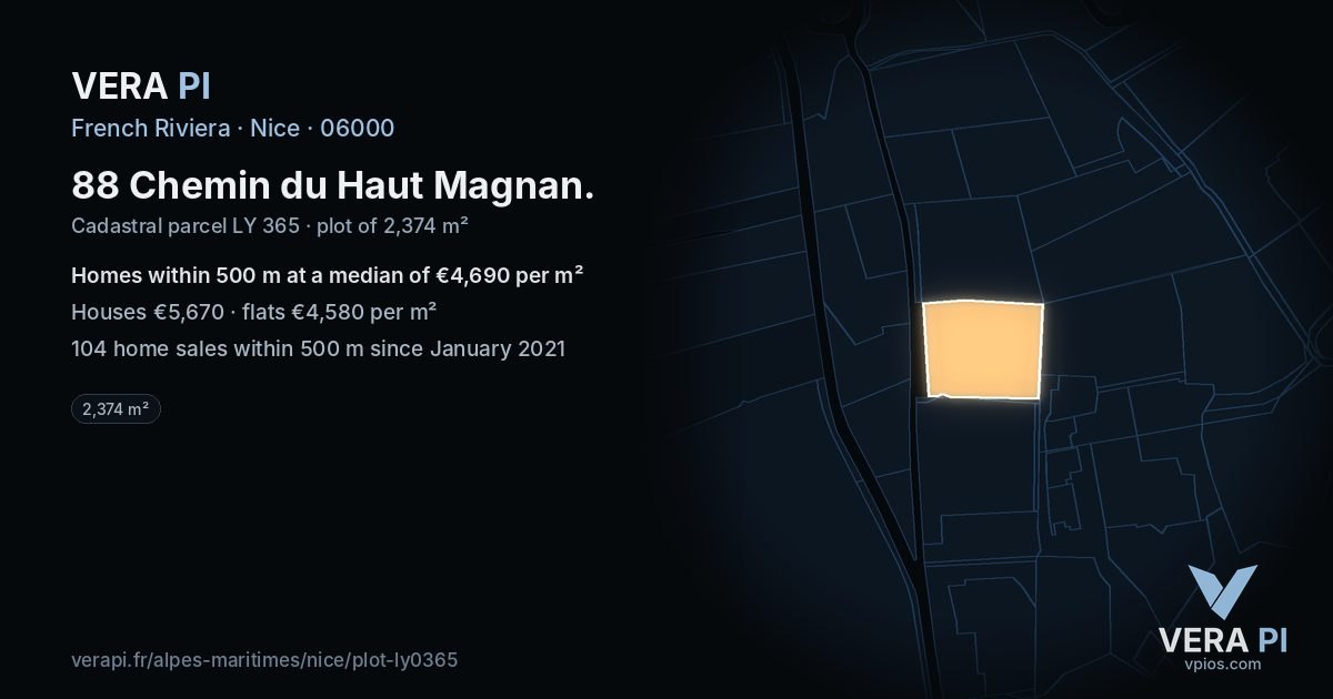 88 Chemin du Haut Magnan, Nice at night – the plot lit, the parcels around coloured by the prices near them