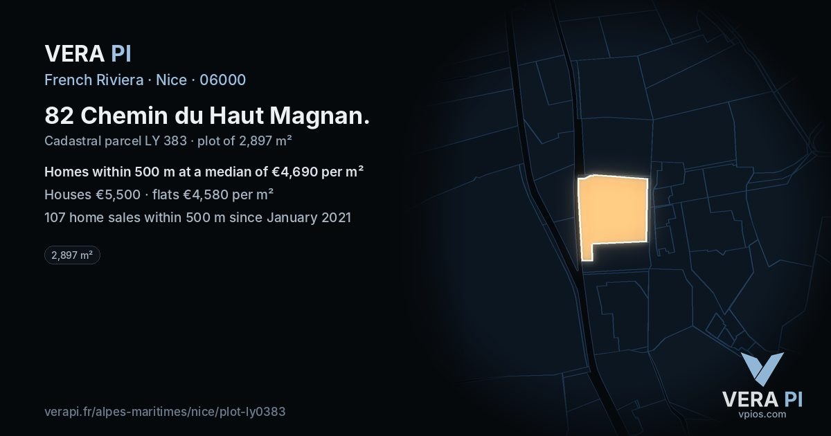 82 Chemin du Haut Magnan, Nice at night – the plot lit, the parcels around coloured by the prices near them