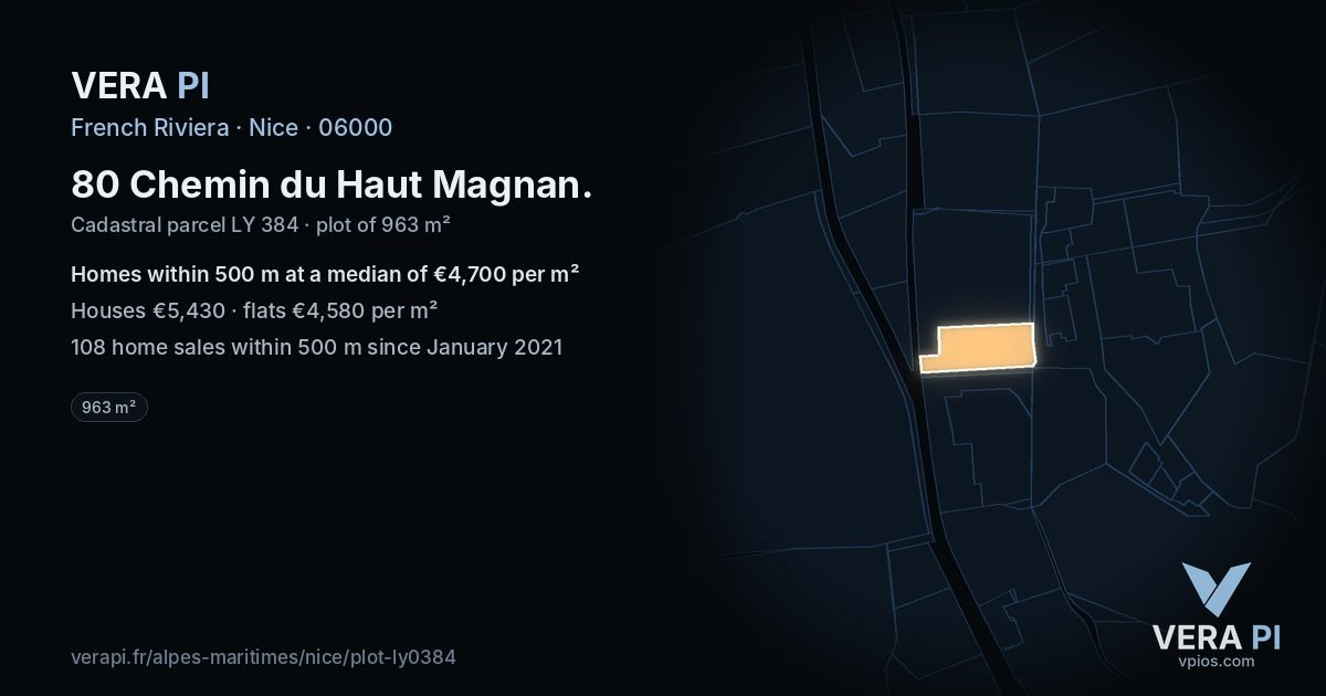 80 Chemin du Haut Magnan, Nice at night – the plot lit, the parcels around coloured by the prices near them