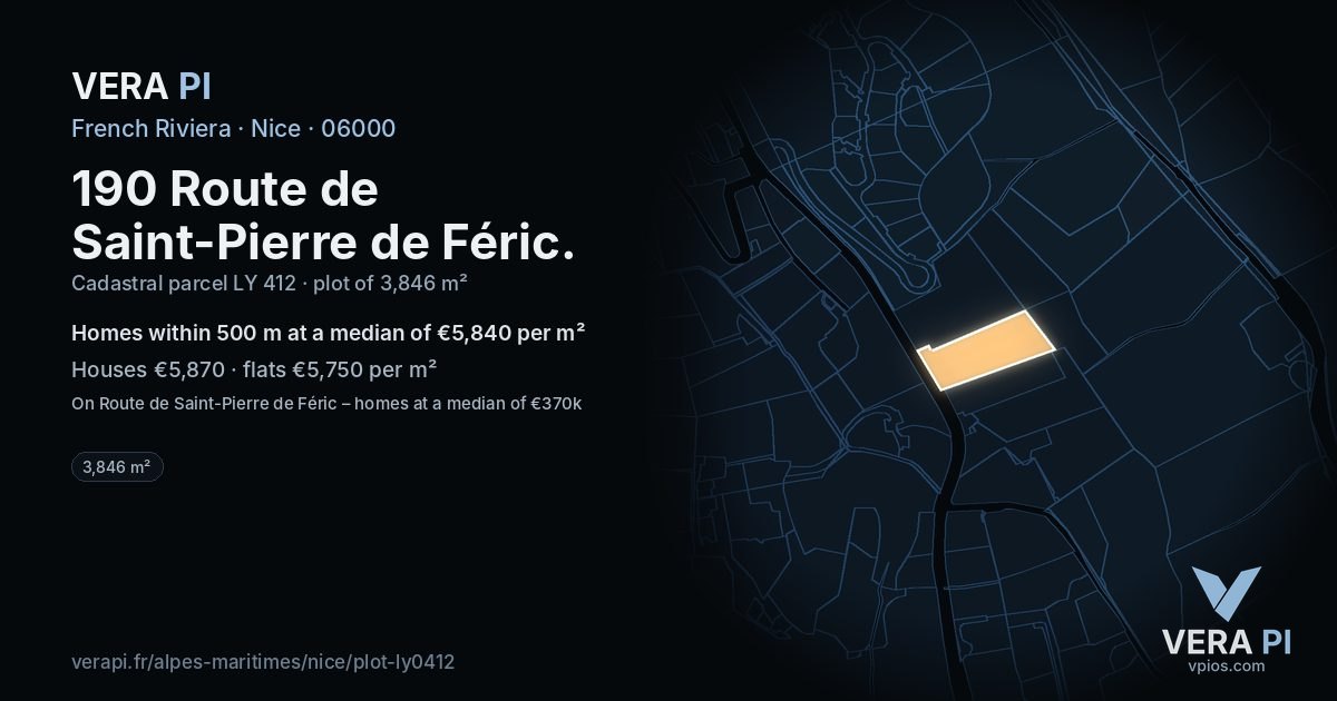 190 Route de Saint-Pierre de Féric, Nice at night – the plot lit, the parcels around coloured by the prices near them
