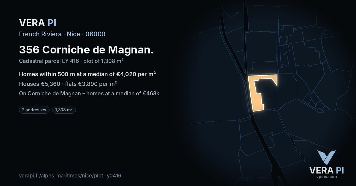 356 Corniche de Magnan, Nice at night – the plot lit, the parcels around coloured by the prices near them