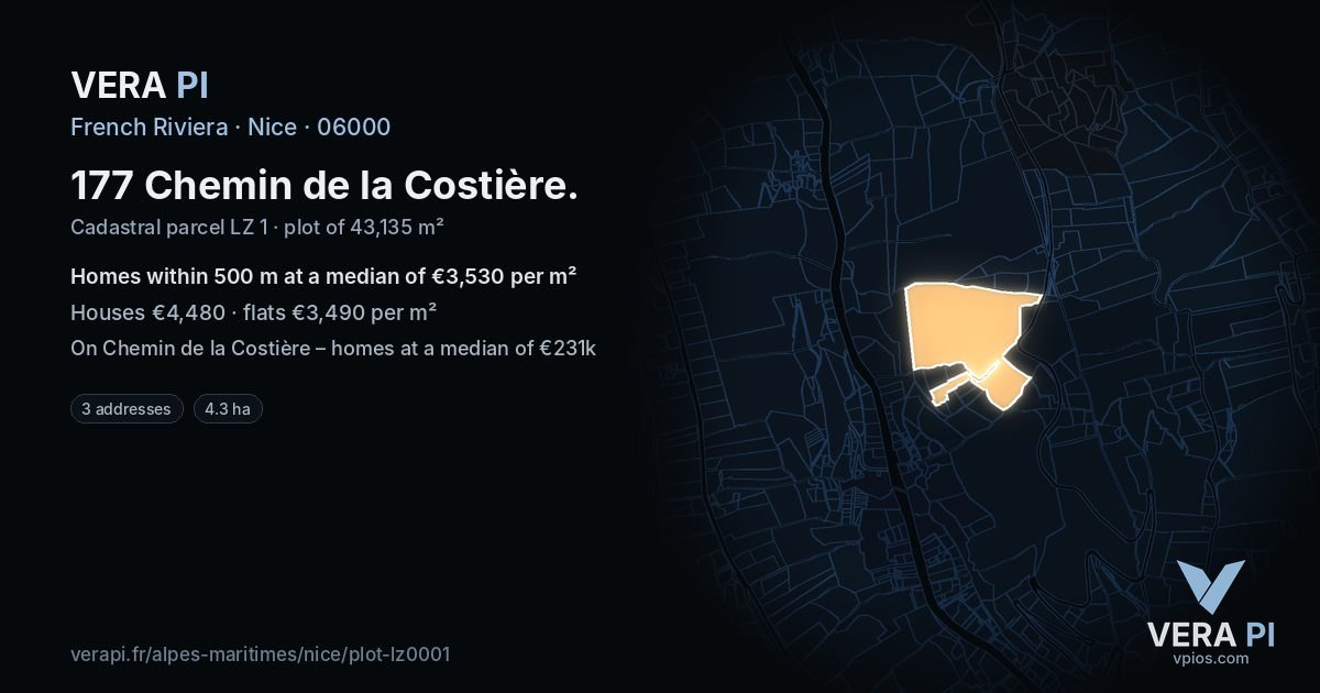 177 Chemin de la Costière, Nice at night – the plot lit, the parcels around coloured by the prices near them