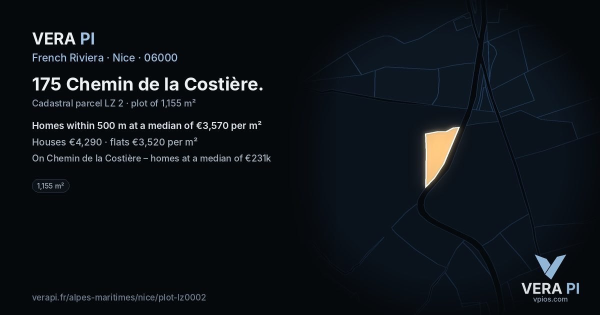 175 Chemin de la Costière, Nice at night – the plot lit, the parcels around coloured by the prices near them
