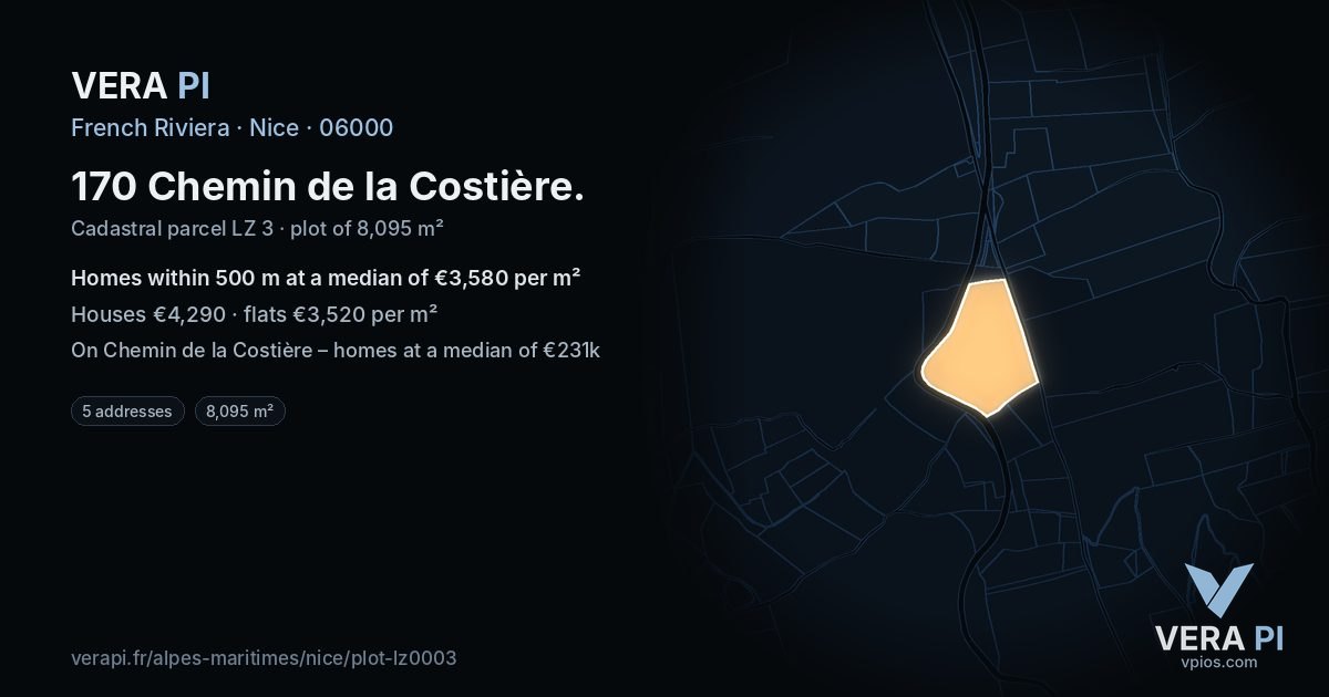 170 Chemin de la Costière, Nice at night – the plot lit, the parcels around coloured by the prices near them