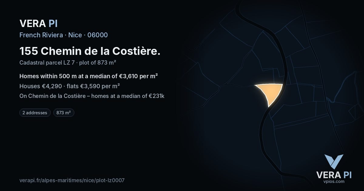 155 Chemin de la Costière, Nice at night – the plot lit, the parcels around coloured by the prices near them