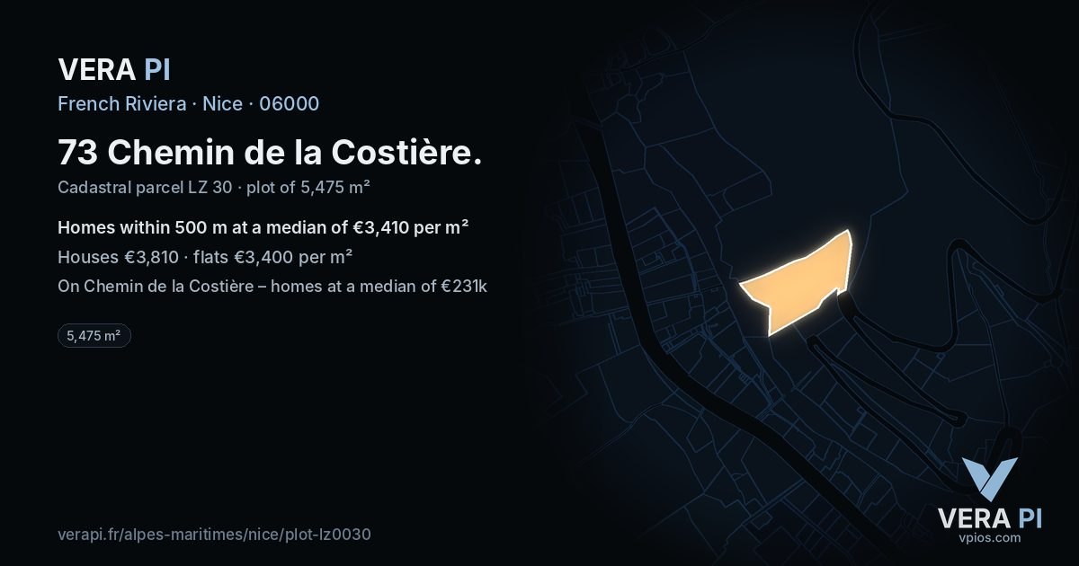 73 Chemin de la Costière, Nice at night – the plot lit, the parcels around coloured by the prices near them