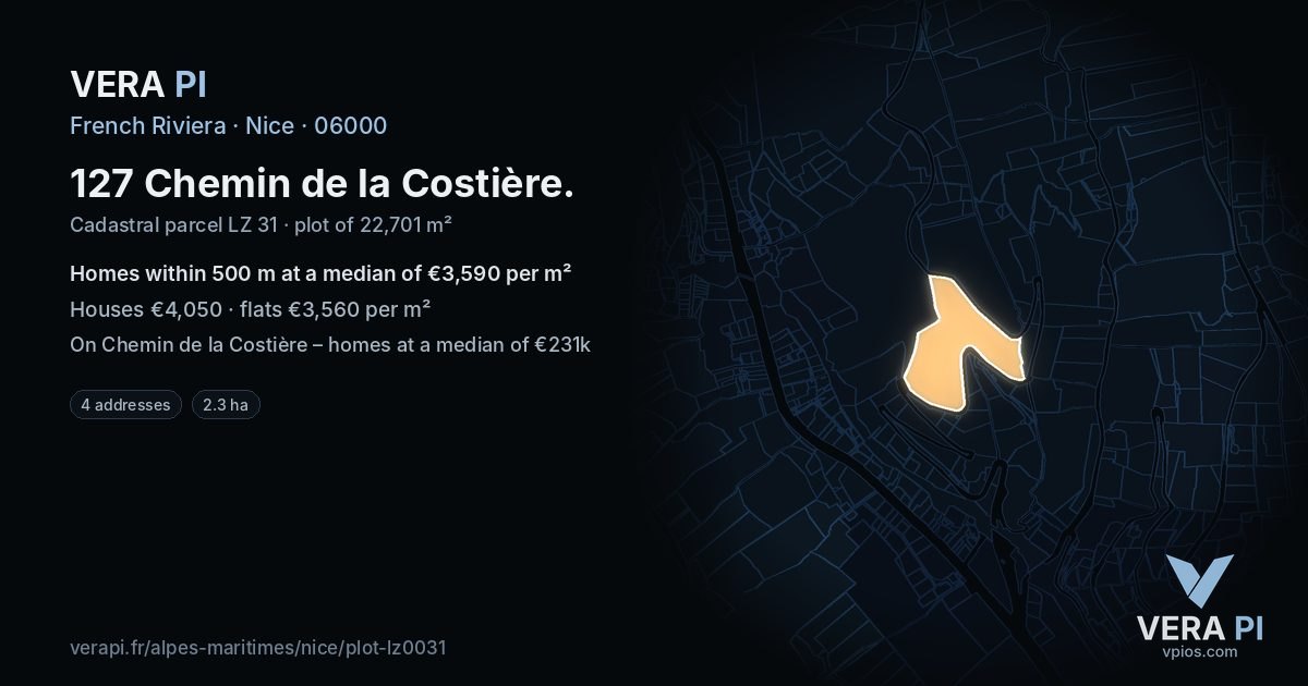 127 Chemin de la Costière, Nice at night – the plot lit, the parcels around coloured by the prices near them