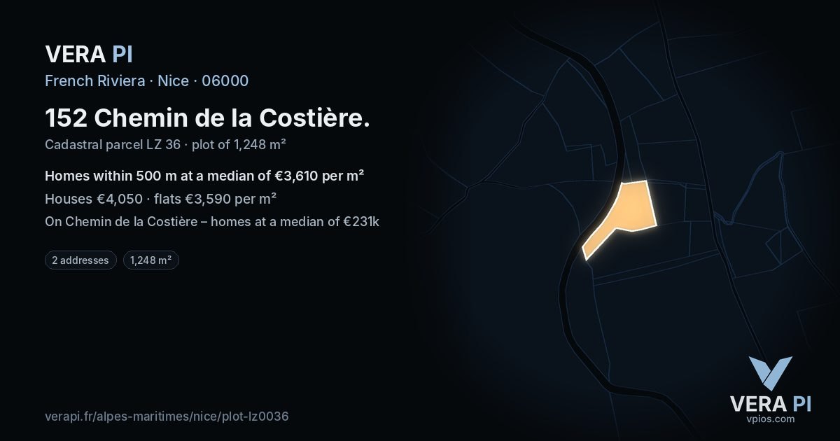 152 Chemin de la Costière, Nice at night – the plot lit, the parcels around coloured by the prices near them