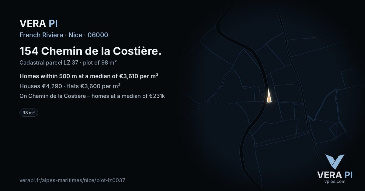 154 Chemin de la Costière, Nice at night – the plot lit, the parcels around coloured by the prices near them
