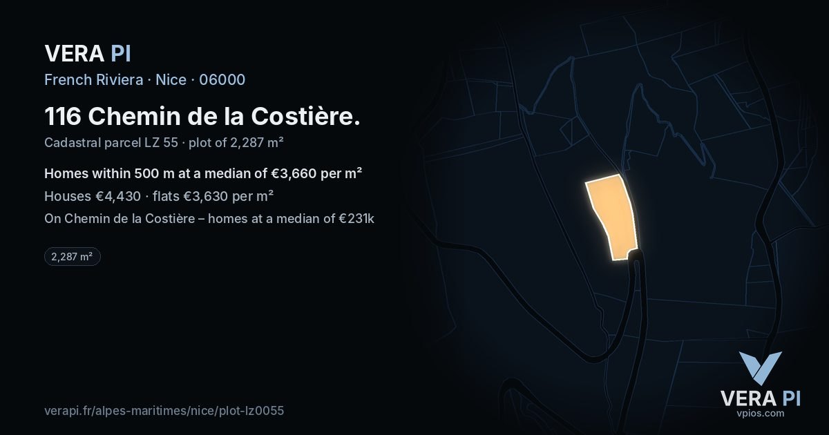 116 Chemin de la Costière, Nice at night – the plot lit, the parcels around coloured by the prices near them
