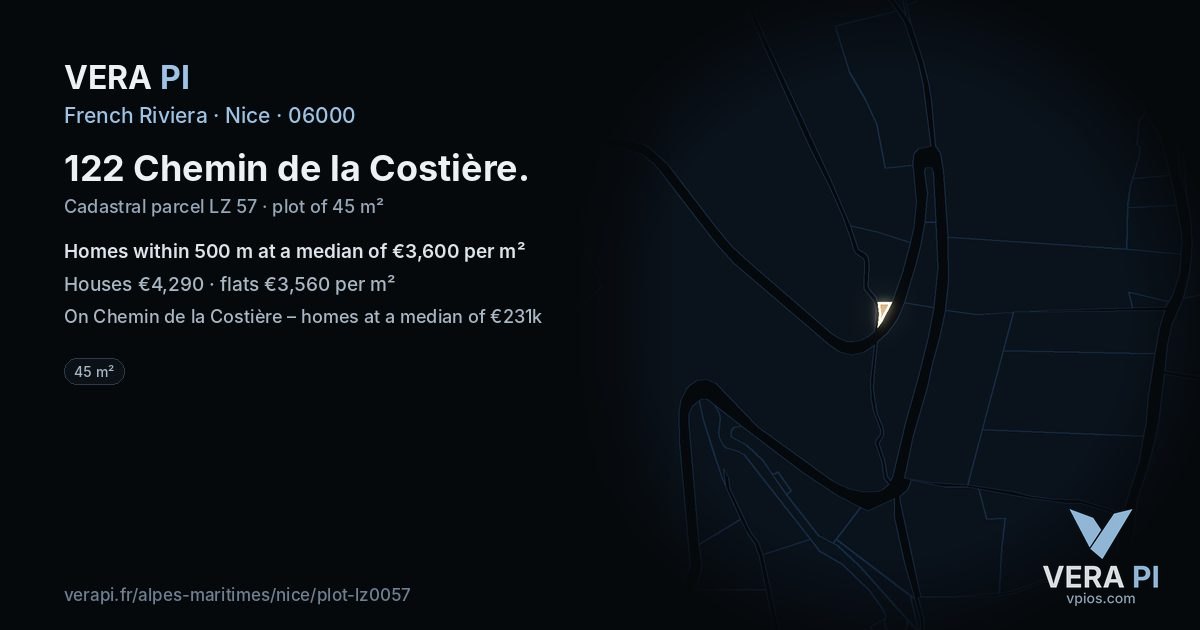 122 Chemin de la Costière, Nice at night – the plot lit, the parcels around coloured by the prices near them