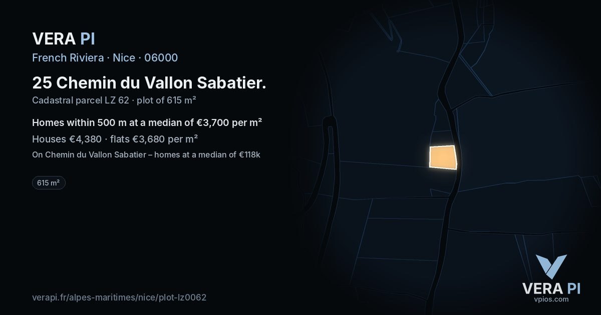 25 Chemin du Vallon Sabatier, Nice at night – the plot lit, the parcels around coloured by the prices near them