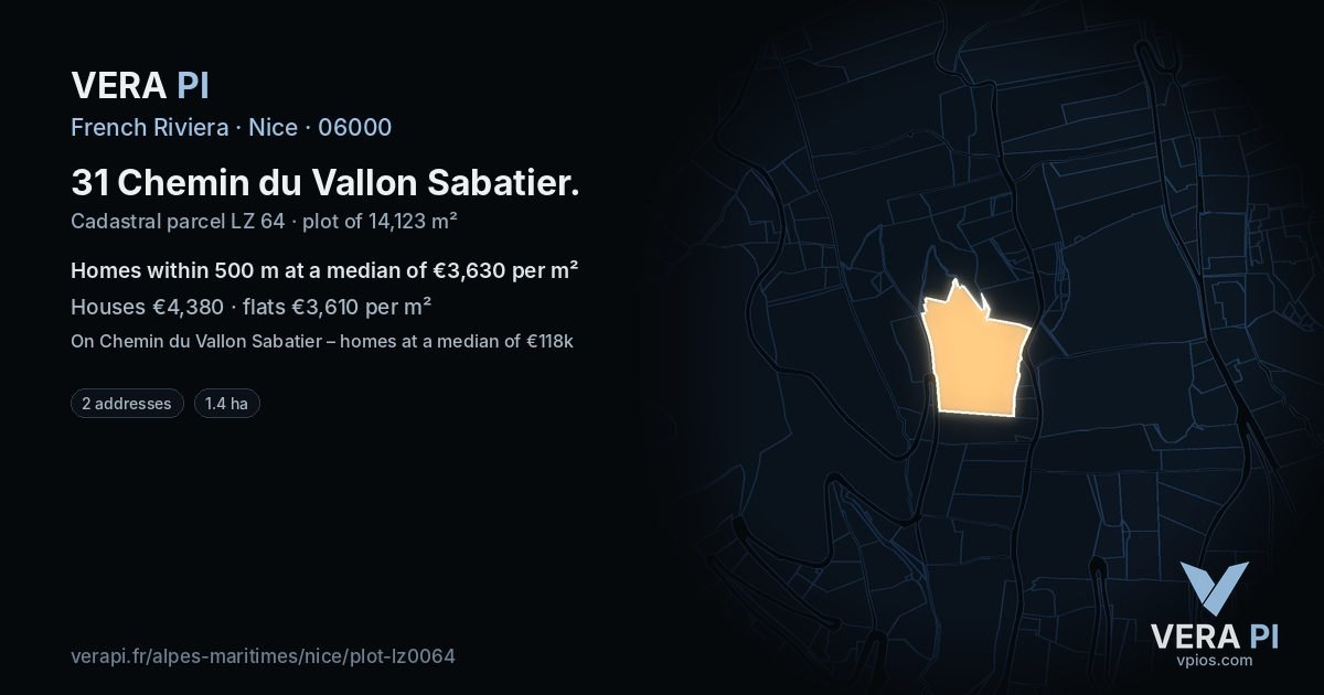 31 Chemin du Vallon Sabatier, Nice at night – the plot lit, the parcels around coloured by the prices near them