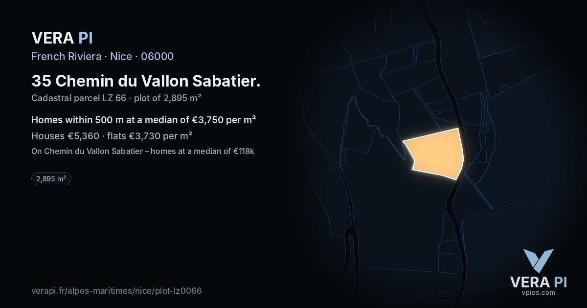 35 Chemin du Vallon Sabatier, Nice at night – the plot lit, the parcels around coloured by the prices near them