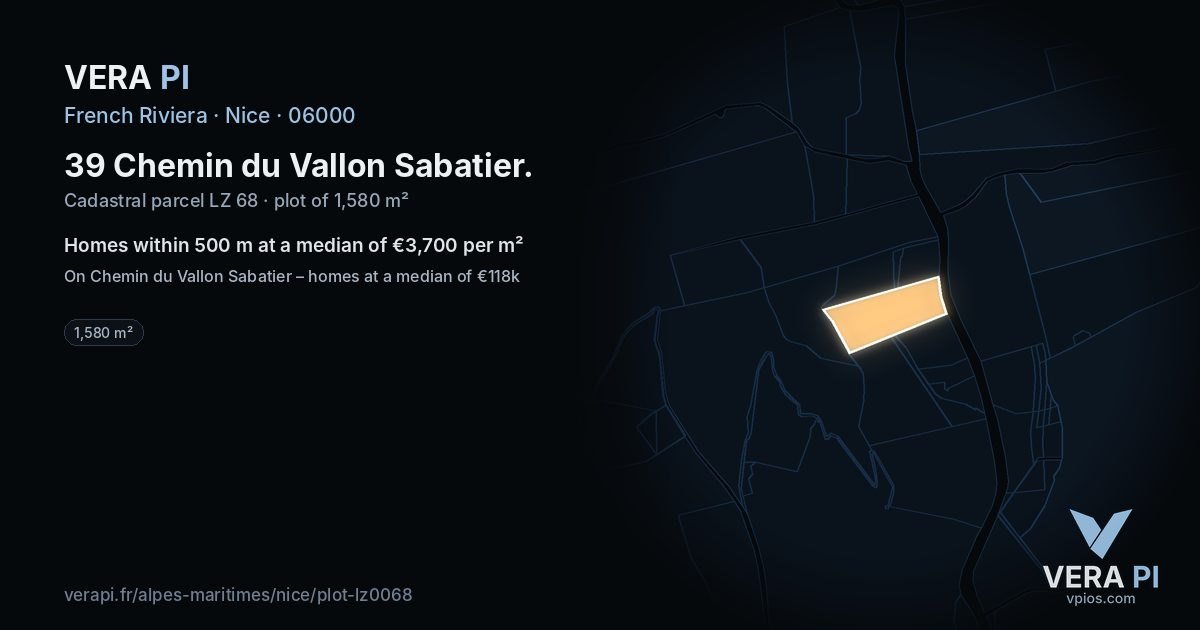 39 Chemin du Vallon Sabatier, Nice at night – the plot lit, the parcels around coloured by the prices near them