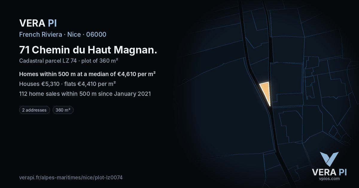 71 Chemin du Haut Magnan, Nice at night – the plot lit, the parcels around coloured by the prices near them