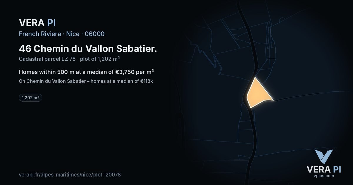 46 Chemin du Vallon Sabatier, Nice at night – the plot lit, the parcels around coloured by the prices near them