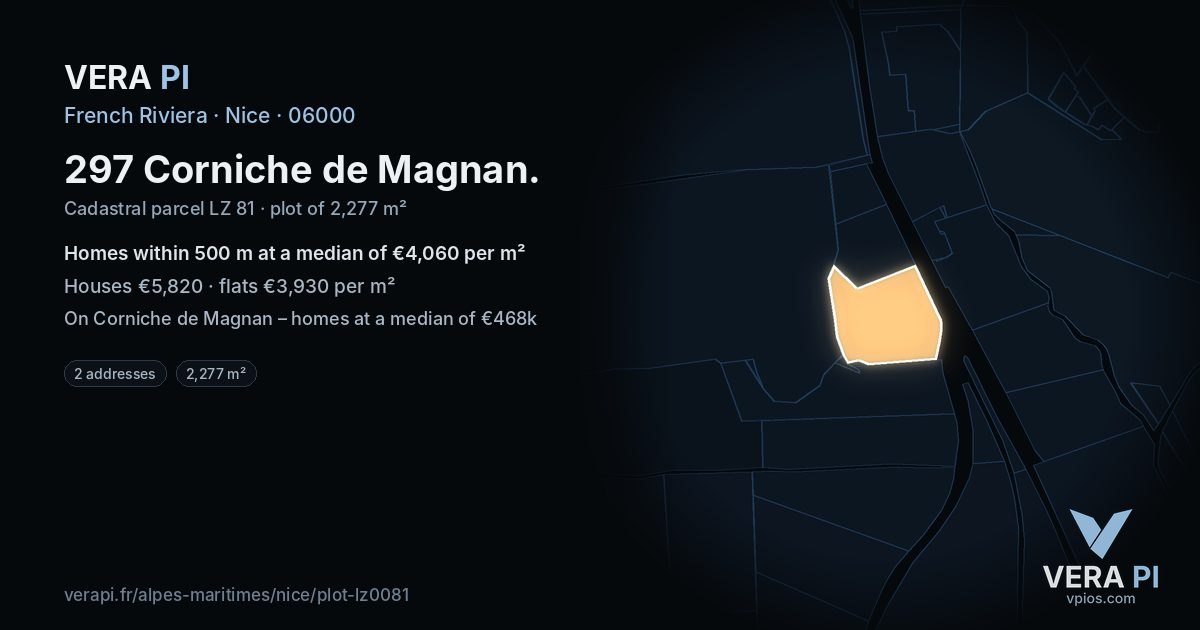 297 Corniche de Magnan, Nice at night – the plot lit, the parcels around coloured by the prices near them