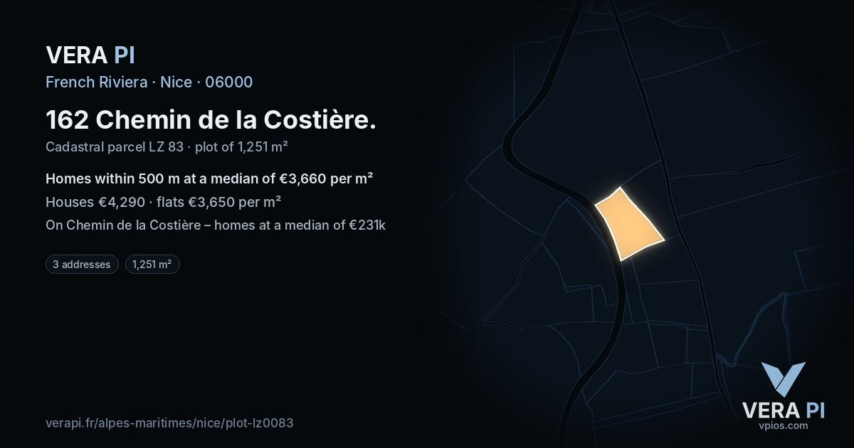 162 Chemin de la Costière, Nice at night – the plot lit, the parcels around coloured by the prices near them