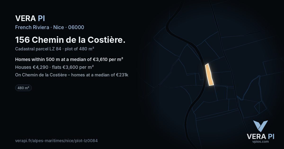156 Chemin de la Costière, Nice at night – the plot lit, the parcels around coloured by the prices near them