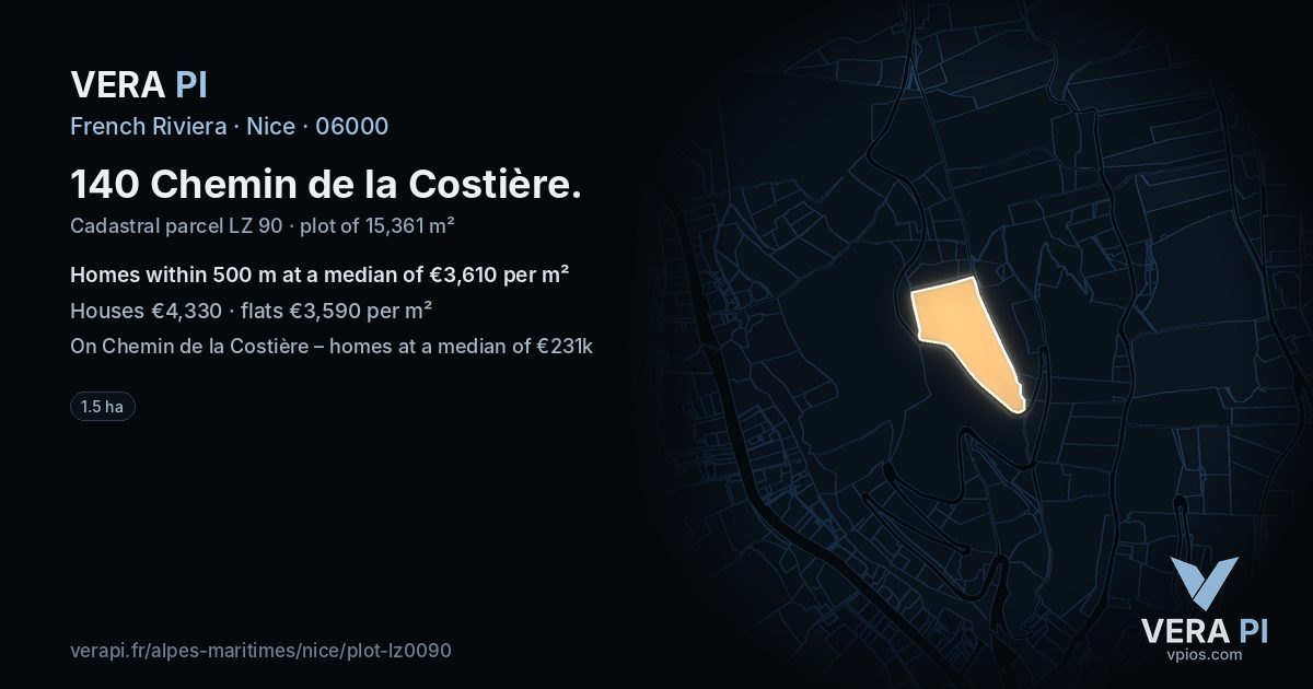 140 Chemin de la Costière, Nice at night – the plot lit, the parcels around coloured by the prices near them