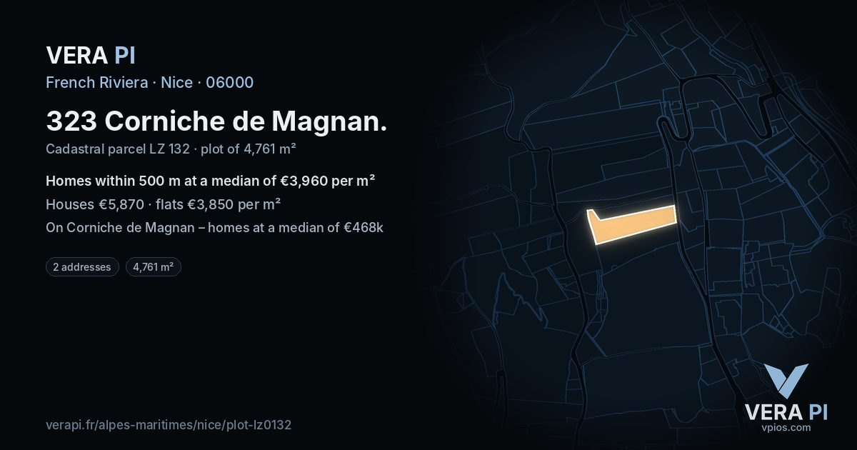 323 Corniche de Magnan, Nice at night – the plot lit, the parcels around coloured by the prices near them