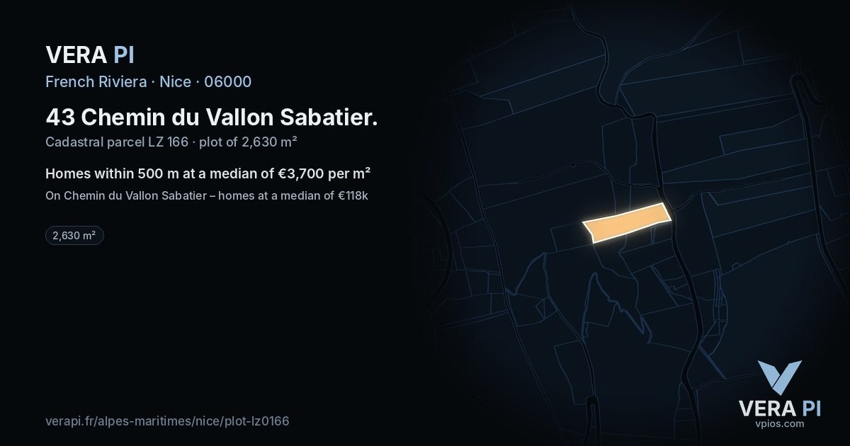 43 Chemin du Vallon Sabatier, Nice at night – the plot lit, the parcels around coloured by the prices near them