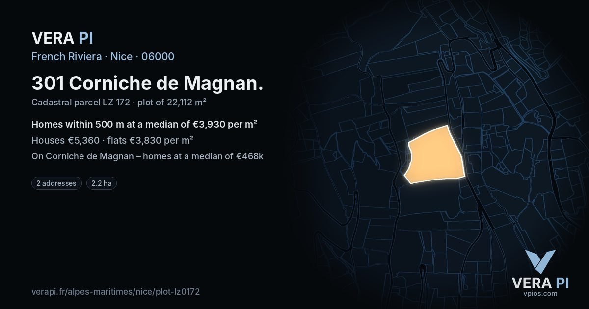 301 Corniche de Magnan, Nice at night – the plot lit, the parcels around coloured by the prices near them
