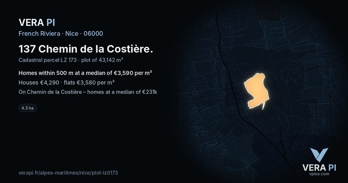 137 Chemin de la Costière, Nice at night – the plot lit, the parcels around coloured by the prices near them