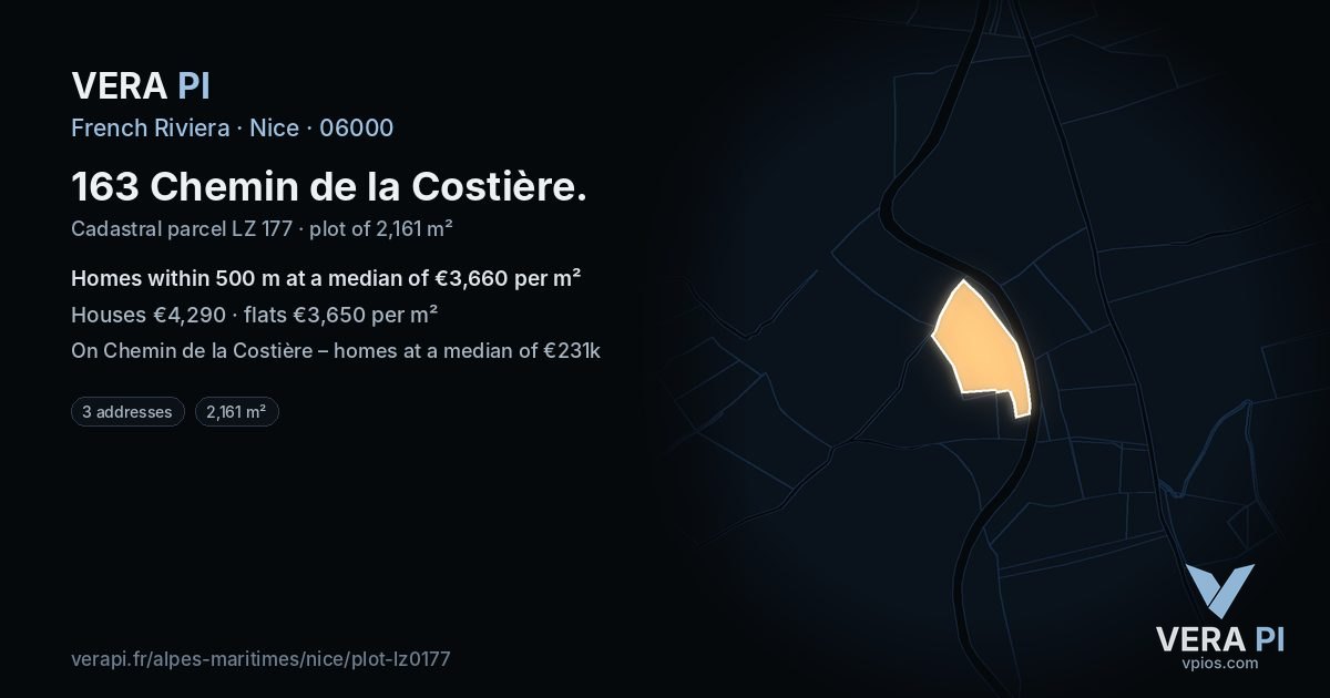 163 Chemin de la Costière, Nice at night – the plot lit, the parcels around coloured by the prices near them