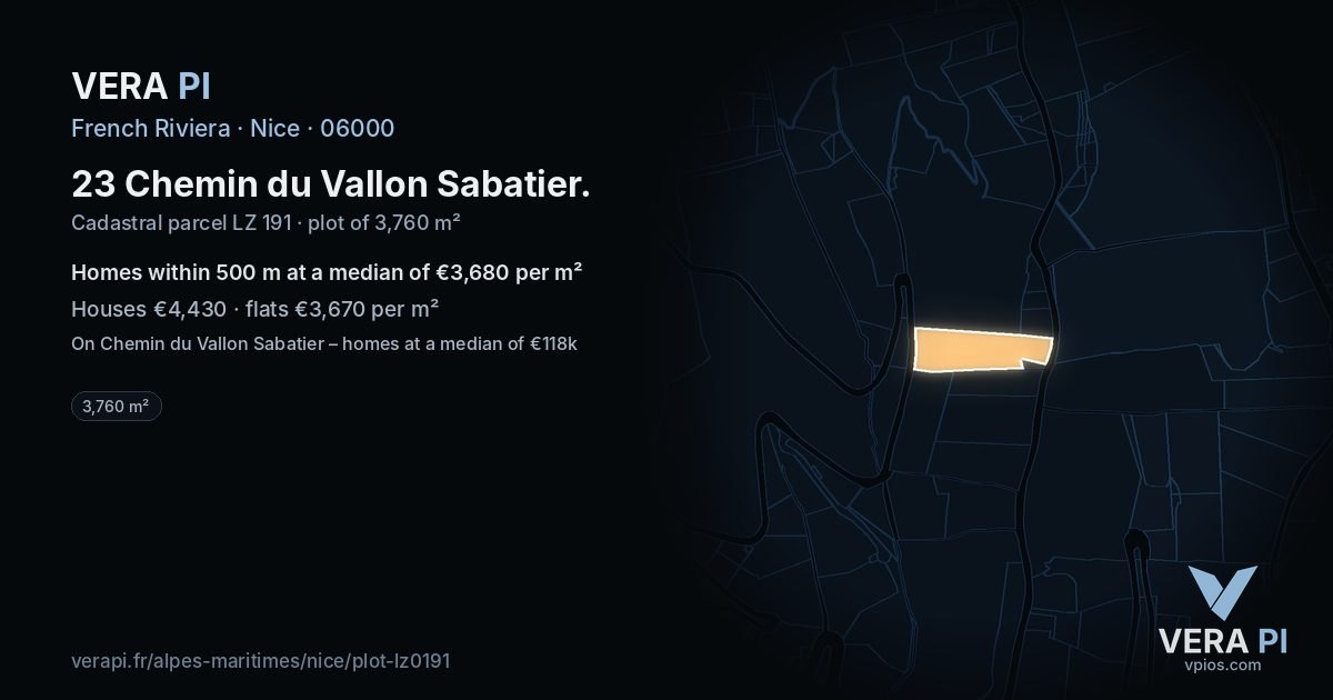 23 Chemin du Vallon Sabatier, Nice at night – the plot lit, the parcels around coloured by the prices near them