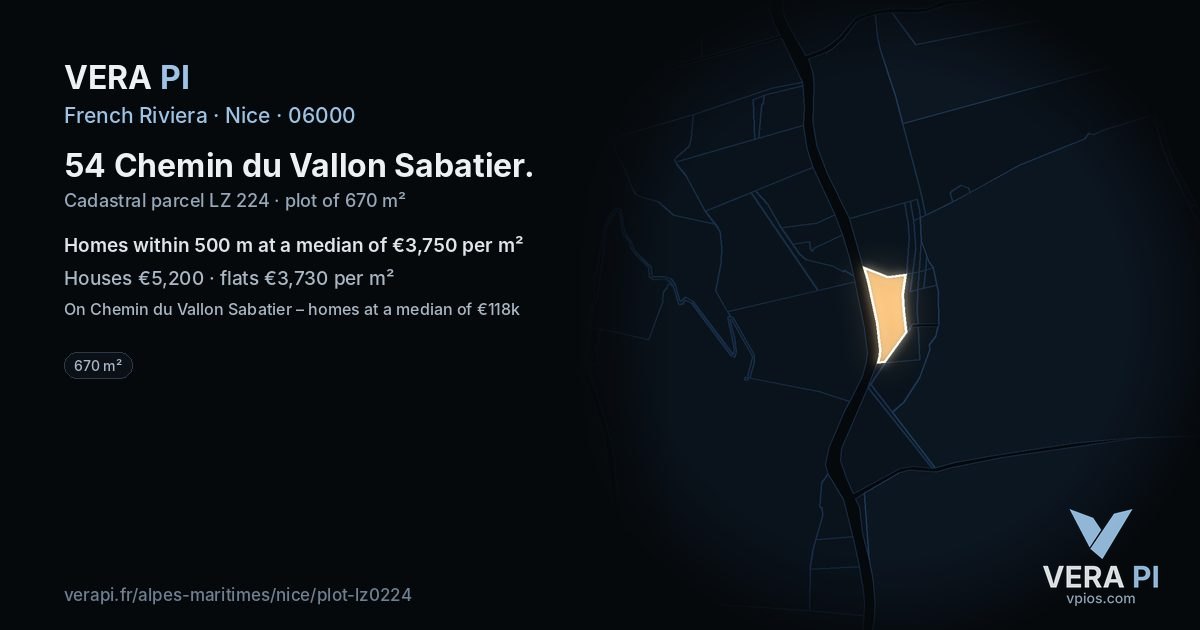 54 Chemin du Vallon Sabatier, Nice at night – the plot lit, the parcels around coloured by the prices near them