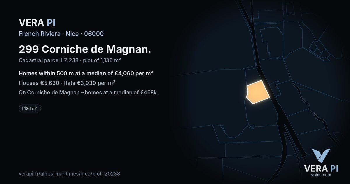 299 Corniche de Magnan, Nice at night – the plot lit, the parcels around coloured by the prices near them
