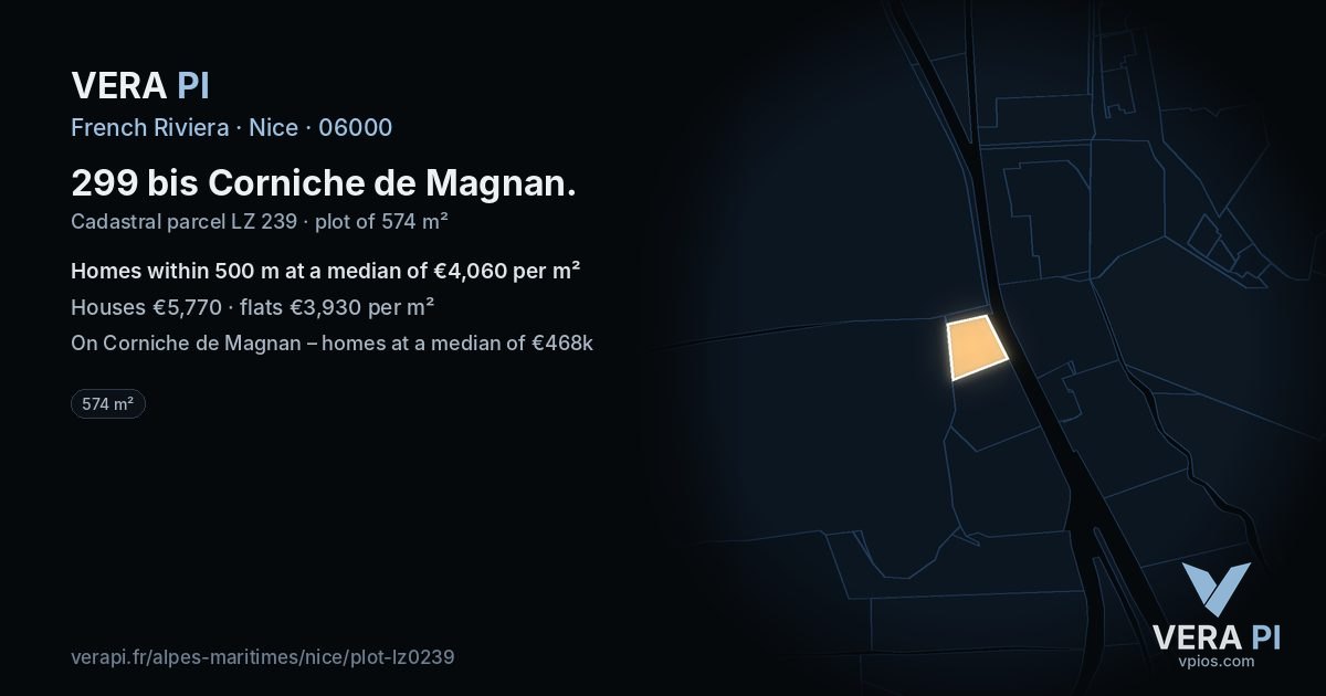 299 bis Corniche de Magnan, Nice at night – the plot lit, the parcels around coloured by the prices near them