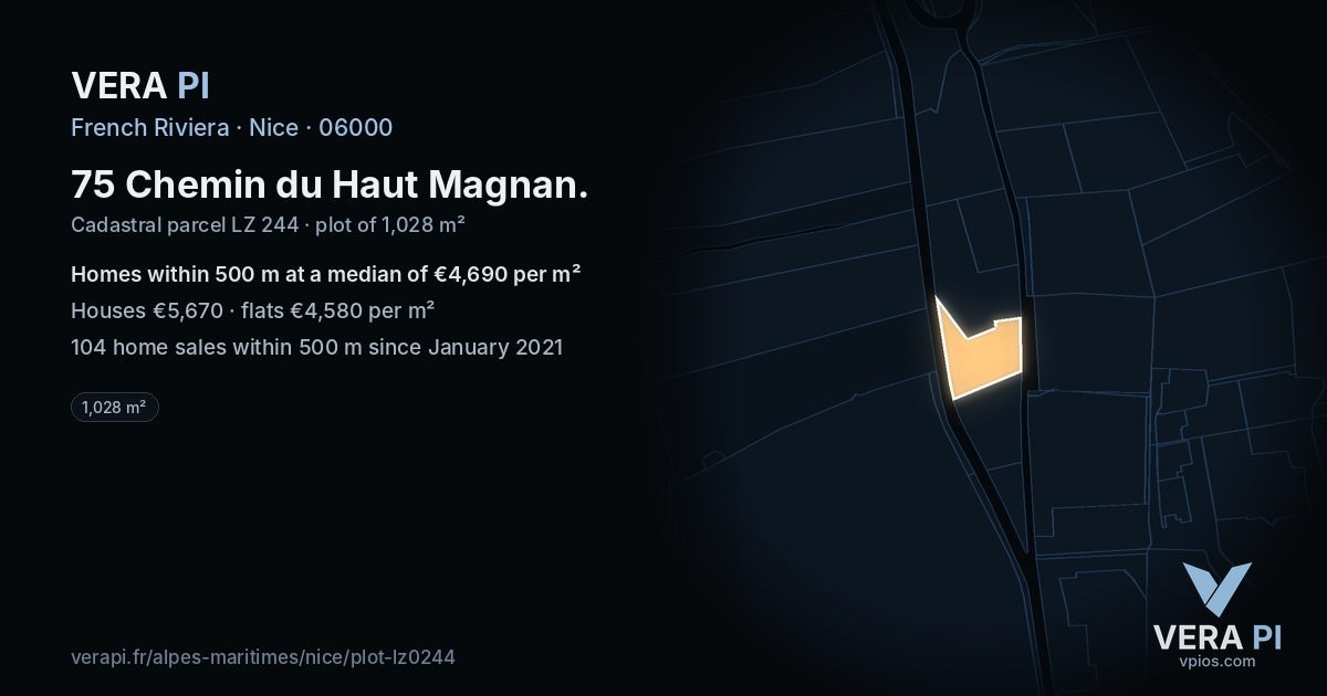 75 Chemin du Haut Magnan, Nice at night – the plot lit, the parcels around coloured by the prices near them