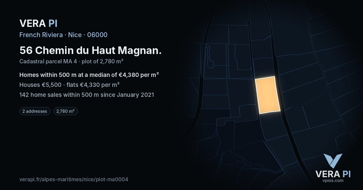 56 Chemin du Haut Magnan, Nice at night – the plot lit, the parcels around coloured by the prices near them